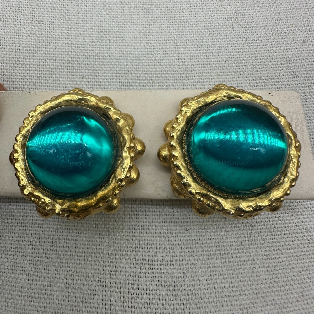 Vtg Gem Craft Aqua Blue Lucite Resin Dome Cabochon Earrings Runway Couture Clips